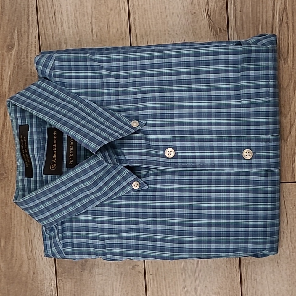 ALLEN EDMONDS‎ Blue Green Plaid Cotton Blend Sz XL Performance Long Sleeve Shirt